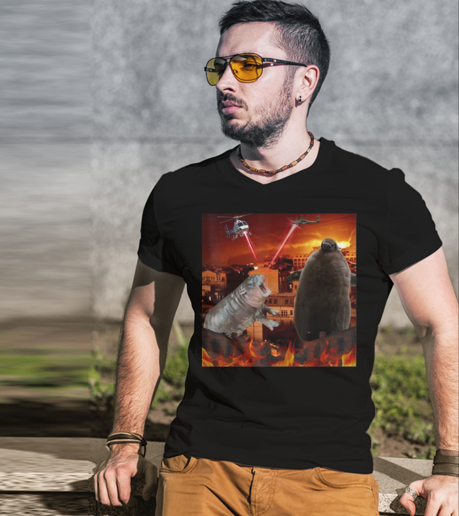 Moo Deng And Pesto Battle Urban Showdown With Helicopters And Laser Beams T-Shirt