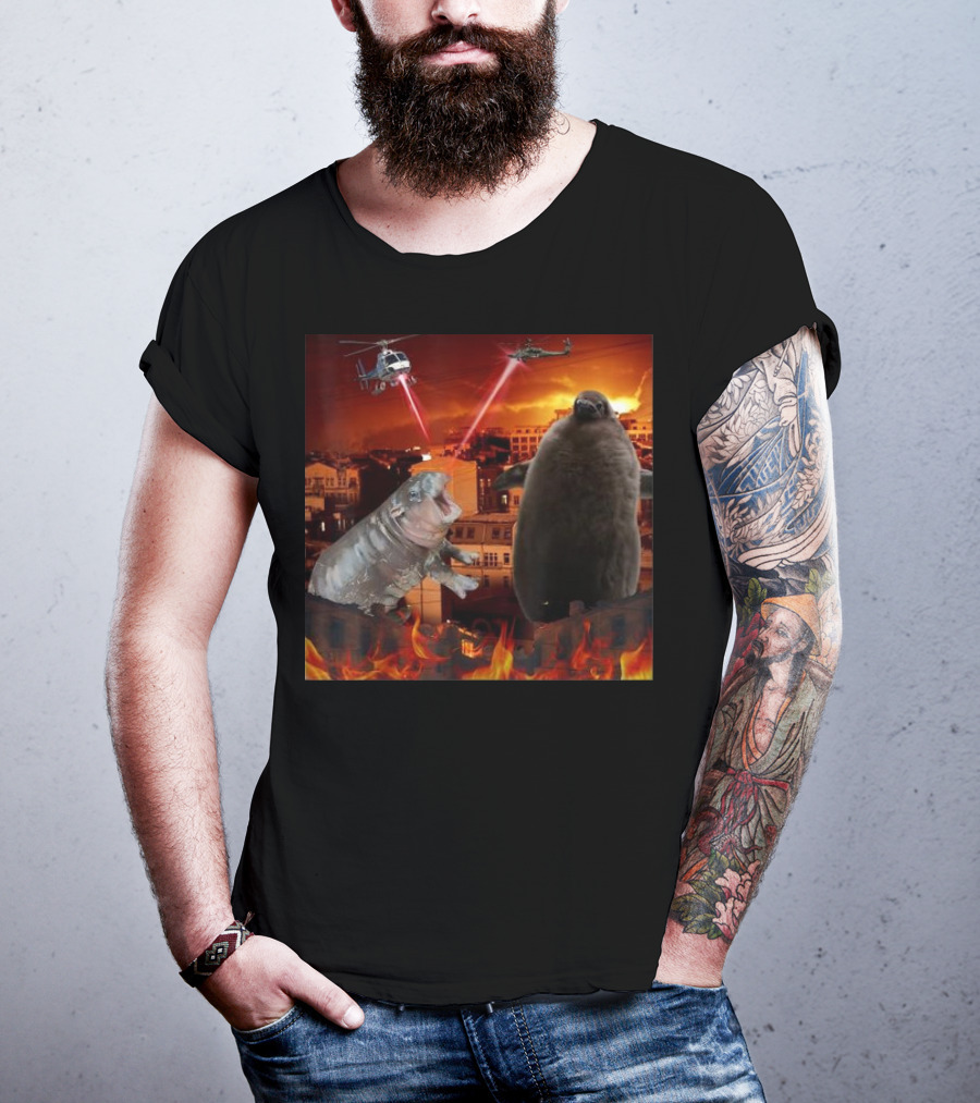 Moo Deng And Pesto Battle Urban Showdown With Helicopters And Laser Beams T-Shirt