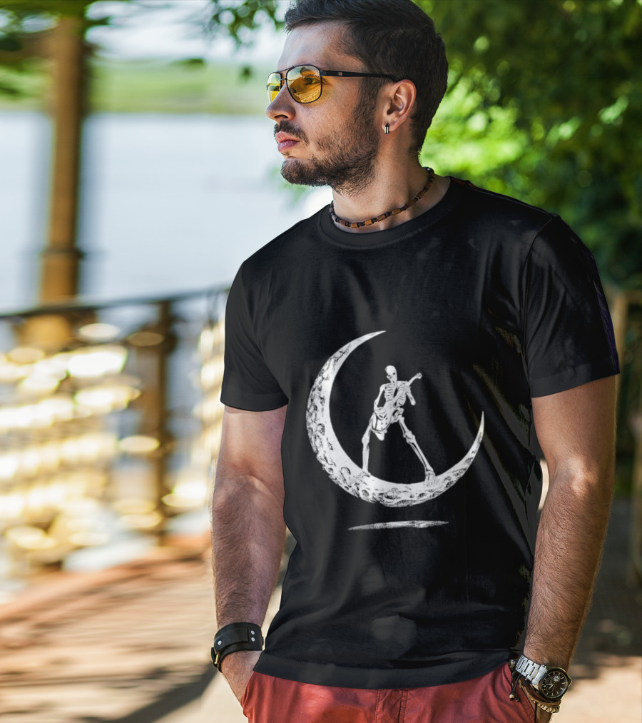 Skeleton Playing Guitar On Crescent Moon Rock And Roll Band T-Shirt