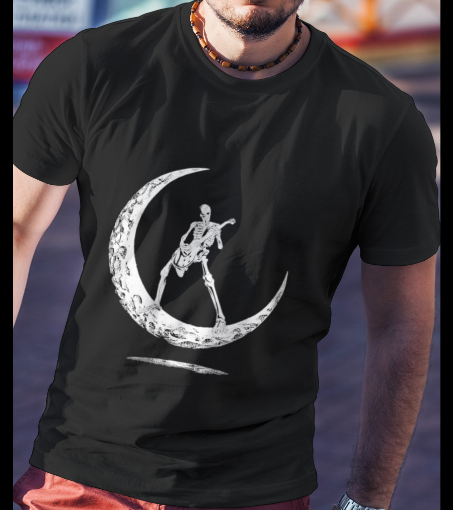 Skeleton Playing Guitar On Crescent Moon Rock And Roll Band T-Shirt