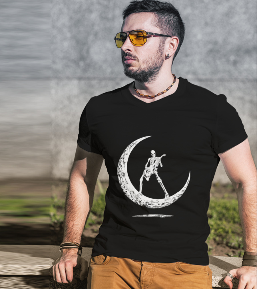 Skeleton Playing Guitar On Crescent Moon Rock And Roll Band T-Shirt