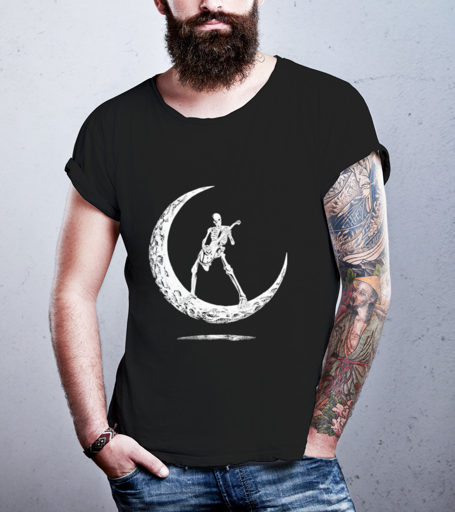 Skeleton Playing Guitar On Crescent Moon Rock And Roll Band T-Shirt