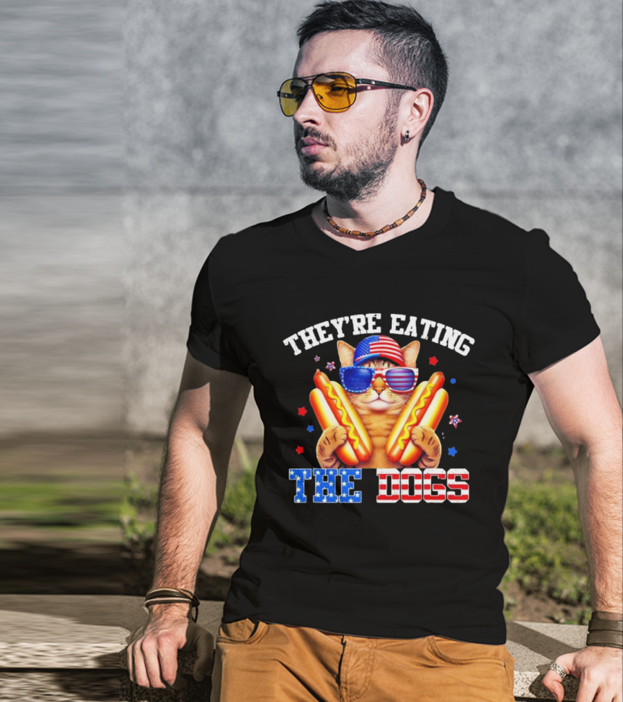 They’re Eating The Dogs Patriotic Cat With Hotdogs And American Flag Sunglasses T-Shirt