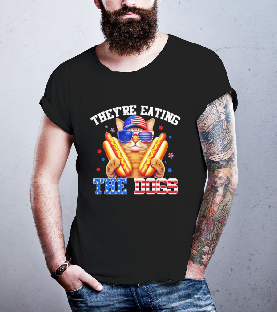 They’re Eating The Dogs Patriotic Cat With Hotdogs And American Flag Sunglasses T-Shirt