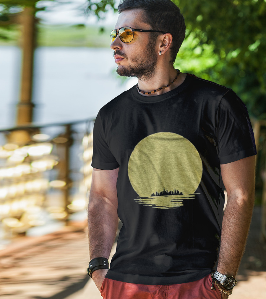 Michigan Skyline Reflected Under Golden Moon T-Shirt