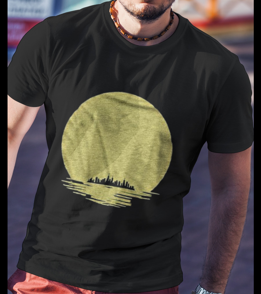 Michigan Skyline Reflected Under Golden Moon T-Shirt