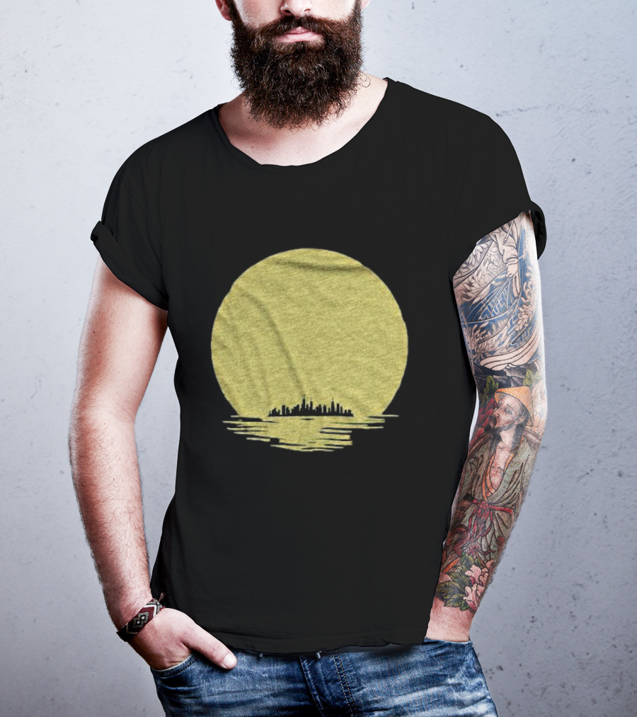 Michigan Skyline Reflected Under Golden Moon T-Shirt