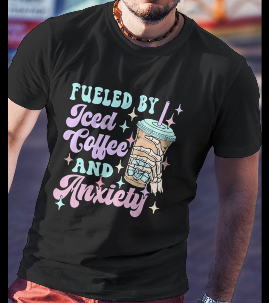 Fueled By Iced Coffee And Anxiety Skeleton Hand Pastel Aesthetic T-Shirt