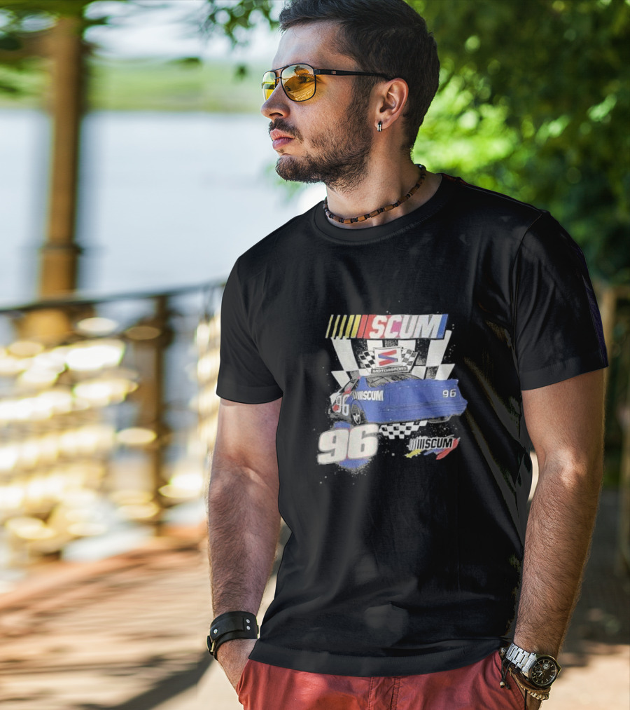 SCUM Motorsports Racing 96 Checkered Flag Car Print T-Shirt