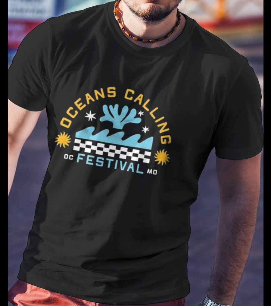 Oceans Calling Festival OC Festival MD Checkered Waves And Stars T-Shirt