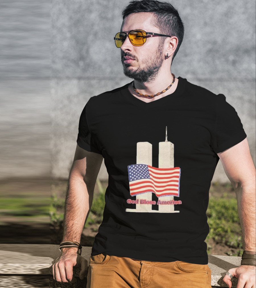 Vtg 9 11 Twin Towers God Bless America Flag T-Shirt