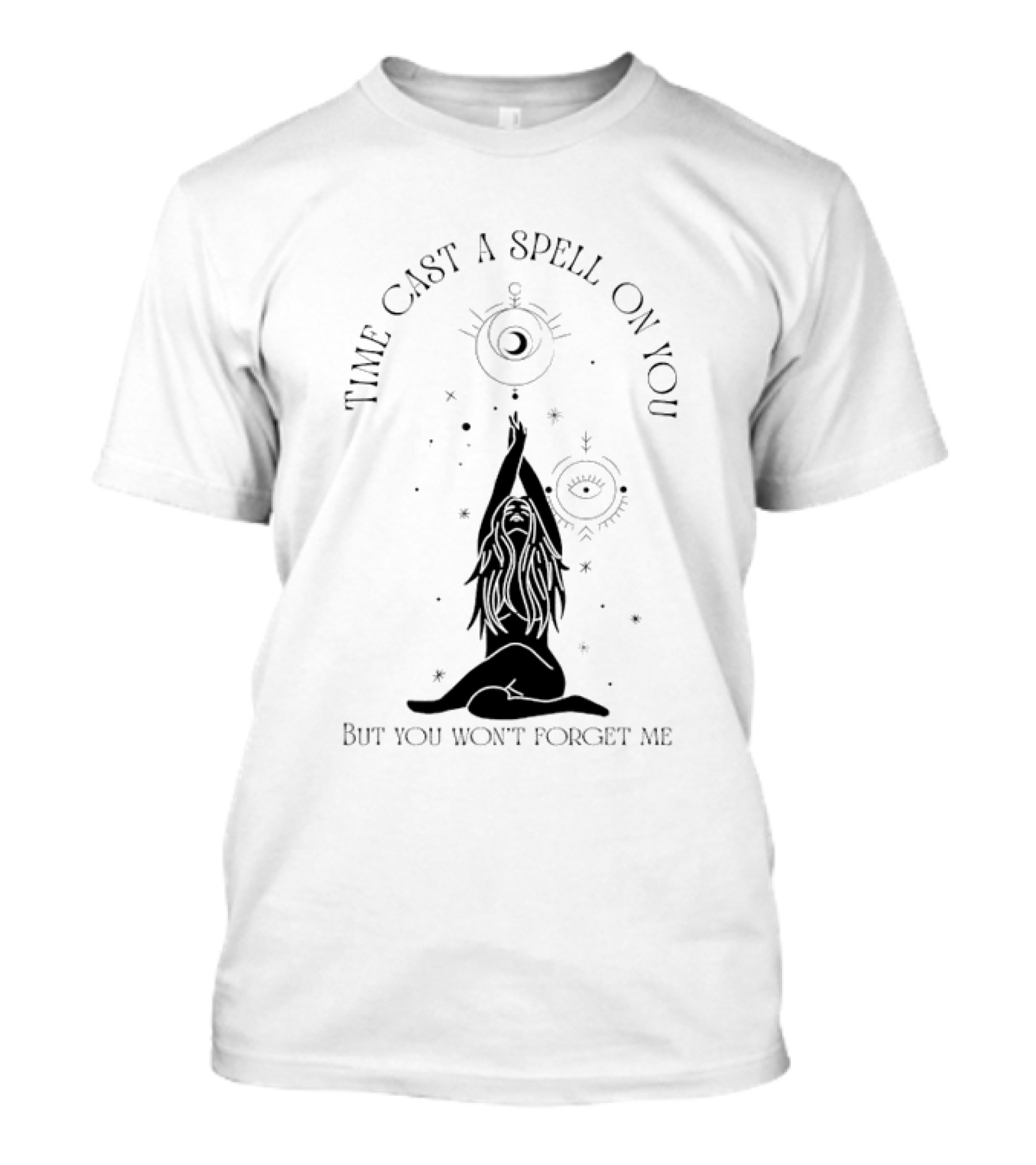 Time Cast A Spell On You But You Won’t Forget Me Mystical Yoga Pose With Celestial Symbols T-Shirt