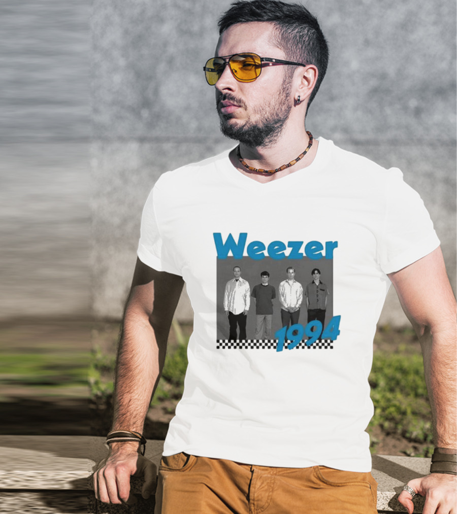 Weezer 1994 Band Photo With Checkered T-Shirt