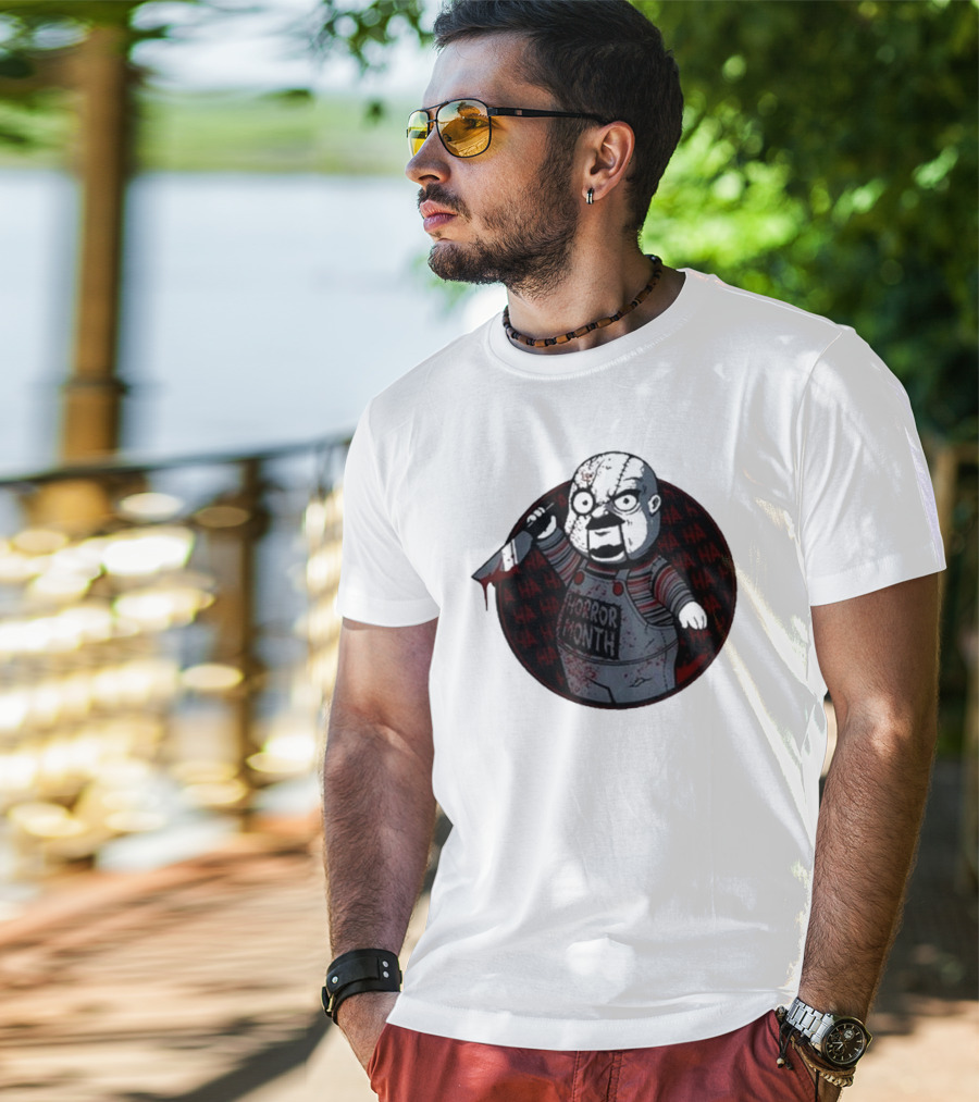 Horror Month Screen Printed Bloody Knife HA HA Masked Character T-Shirt