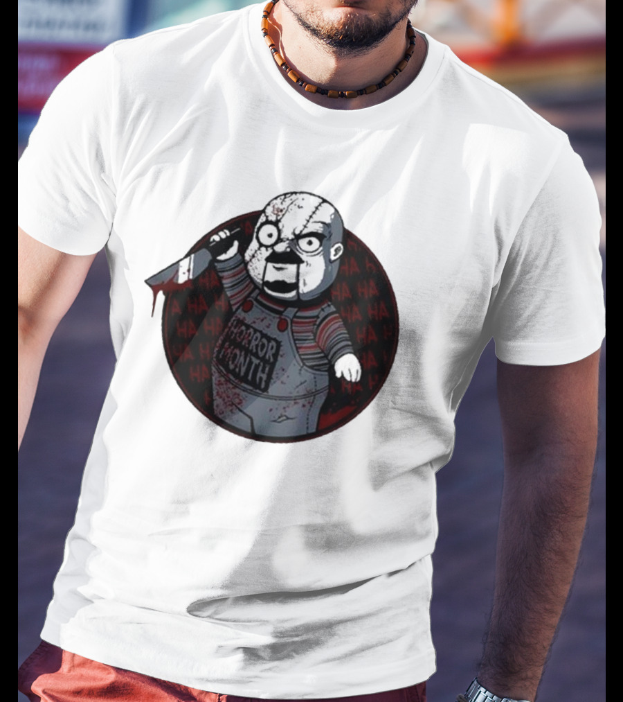 Horror Month Screen Printed Bloody Knife HA HA Masked Character T-Shirt