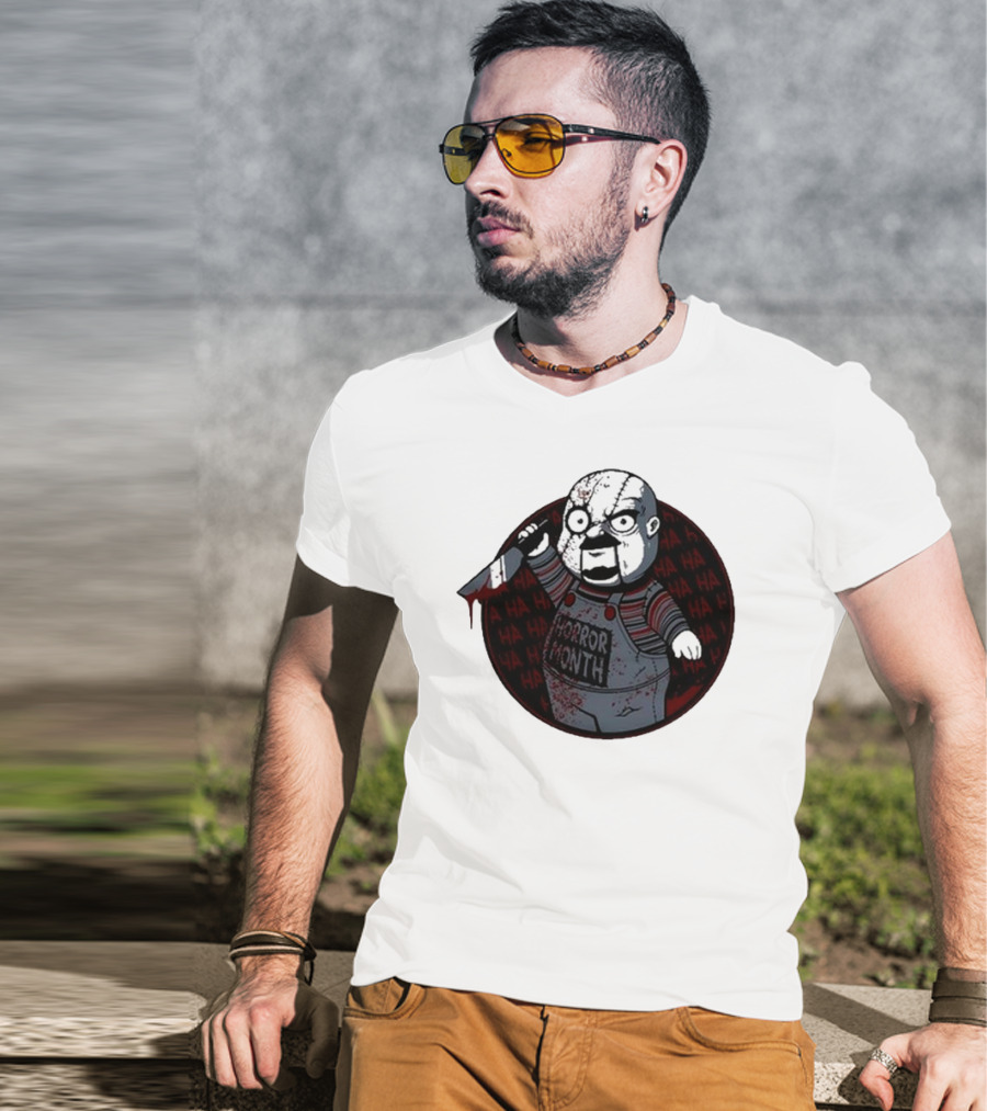 Horror Month Screen Printed Bloody Knife HA HA Masked Character T-Shirt