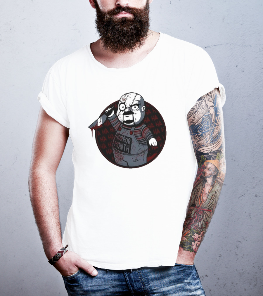 Horror Month Screen Printed Bloody Knife HA HA Masked Character T-Shirt