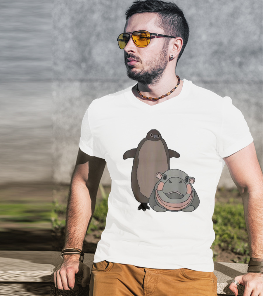 Pesto The Penguin And Moo Deng The Baby Hippo Cartoon Characters T-Shirt