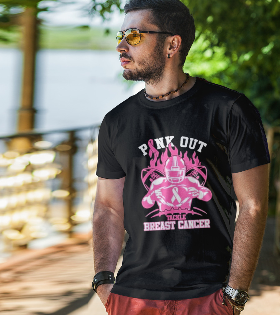 Pink Out Tackle Breast Cancer Awareness Football Player Ribbon Flames T-Shirt