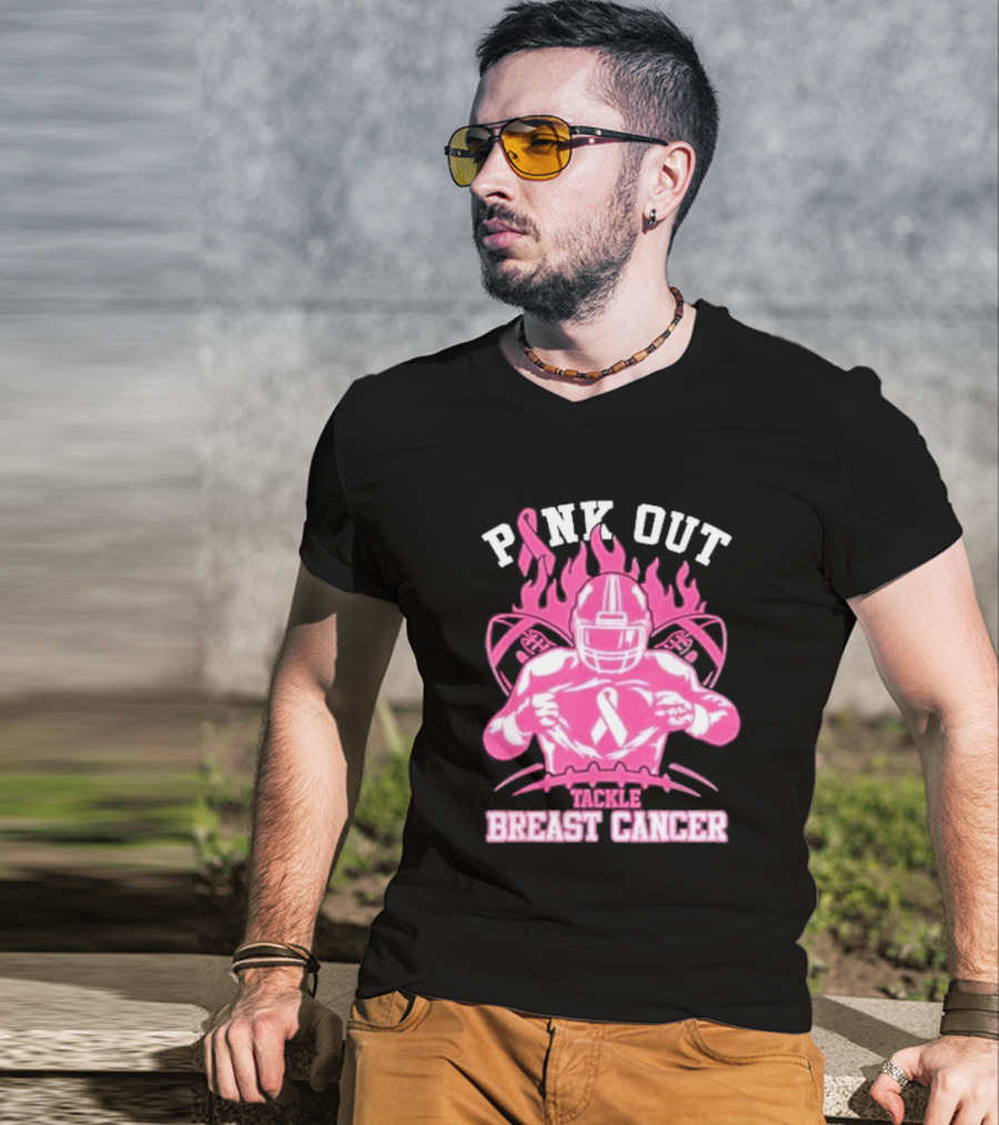 Pink Out Tackle Breast Cancer Awareness Football Player Ribbon Flames T-Shirt