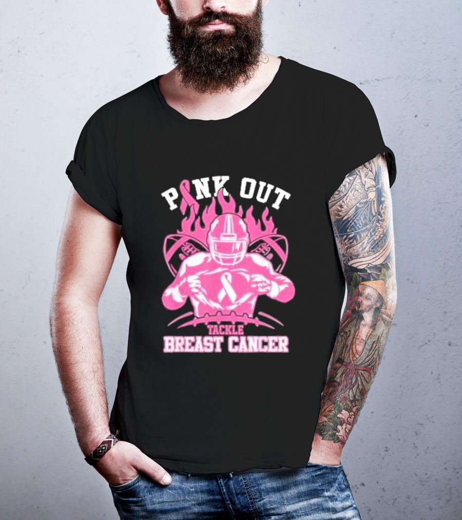 Pink Out Tackle Breast Cancer Awareness Football Player Ribbon Flames T-Shirt