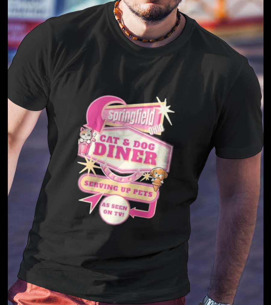Springfield Cat And Dog Diner Serving Up Pets As Seen On TV Retro Neon Sign T-Shirt