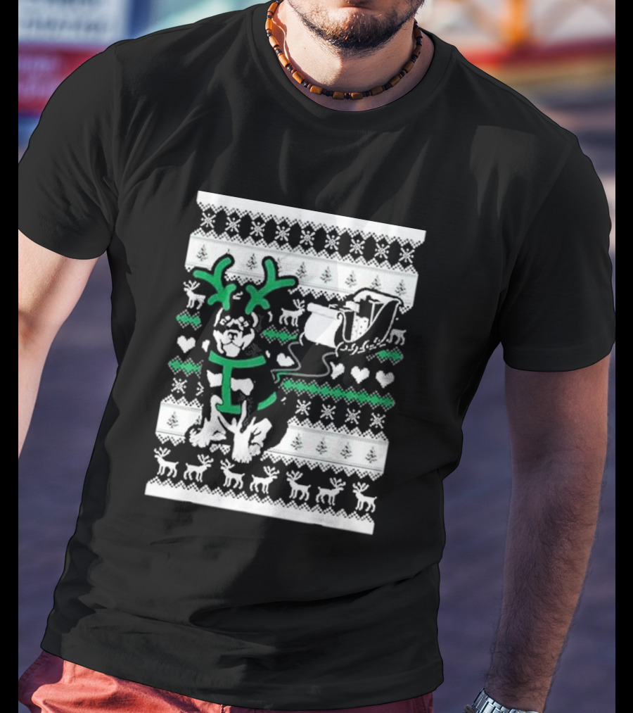 Christmas German Shepherd Wearing Antlers Pulling Santa Claus Sleigh Ugly T-Shirt