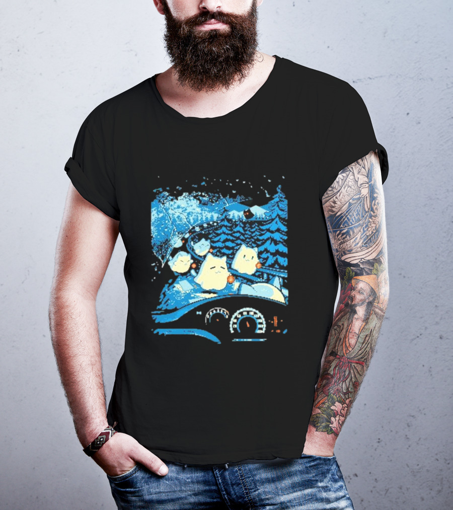 Haunted Road Pixel Art Ghost Cats Forest Adventure T-Shirt