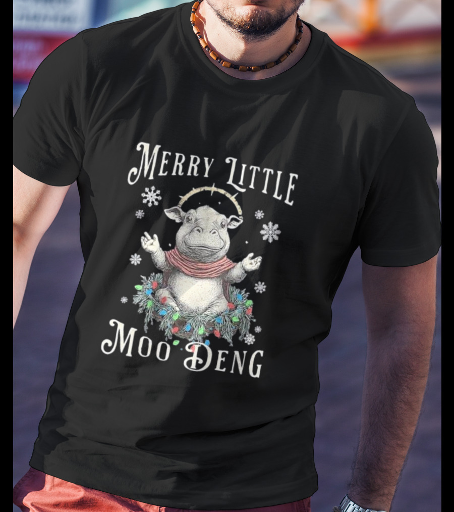 Merry Little Moo Deng Cute Christmas Hippo Surrounded By Snowflakes And Festive Wreath T-Shirt