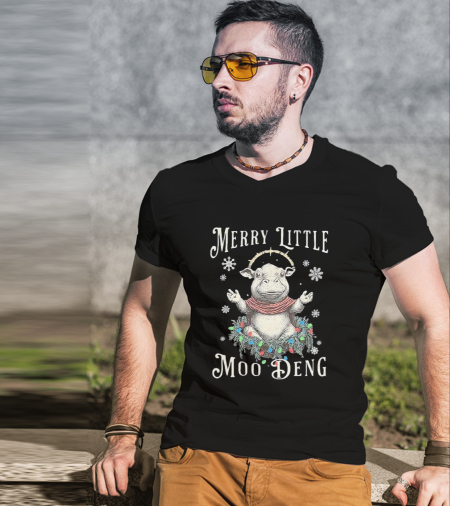 Merry Little Moo Deng Cute Christmas Hippo Surrounded By Snowflakes And Festive Wreath T-Shirt