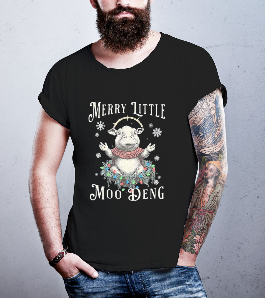 Merry Little Moo Deng Cute Christmas Hippo Surrounded By Snowflakes And Festive Wreath T-Shirt