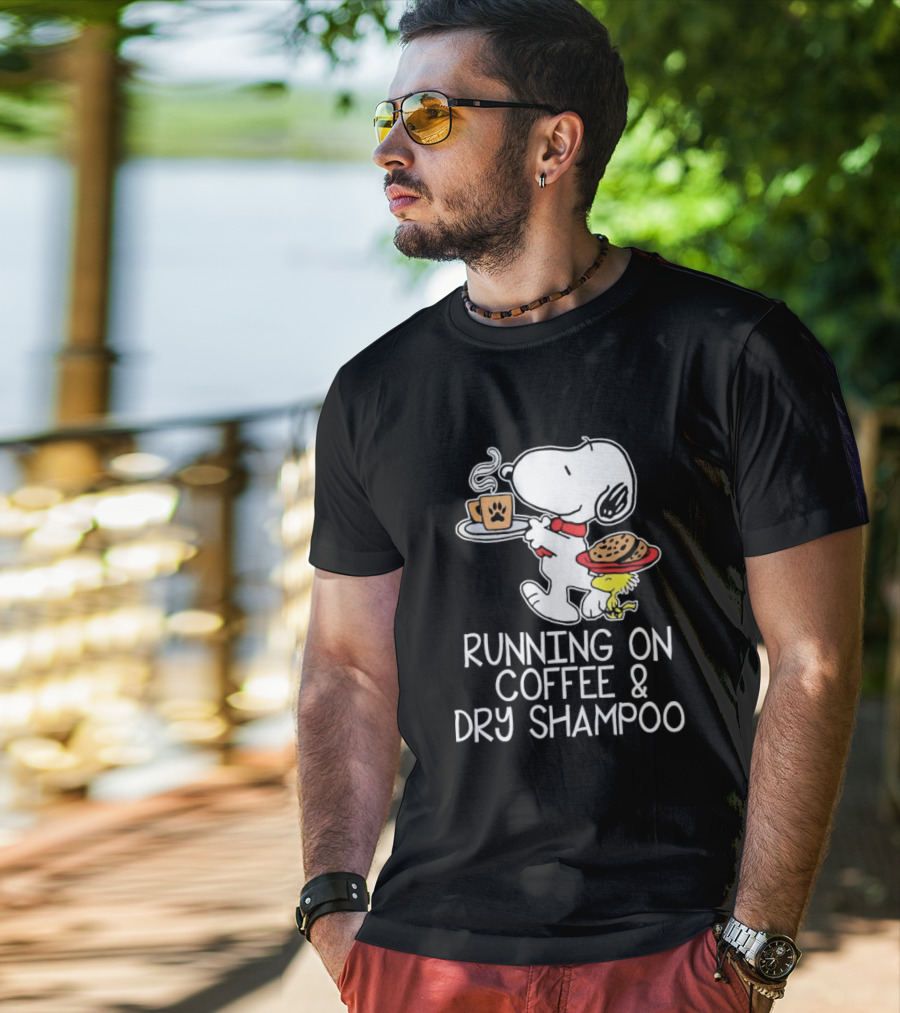 Snoopy And Woodstock Running On Coffee And Dry Shampoo T-Shirt