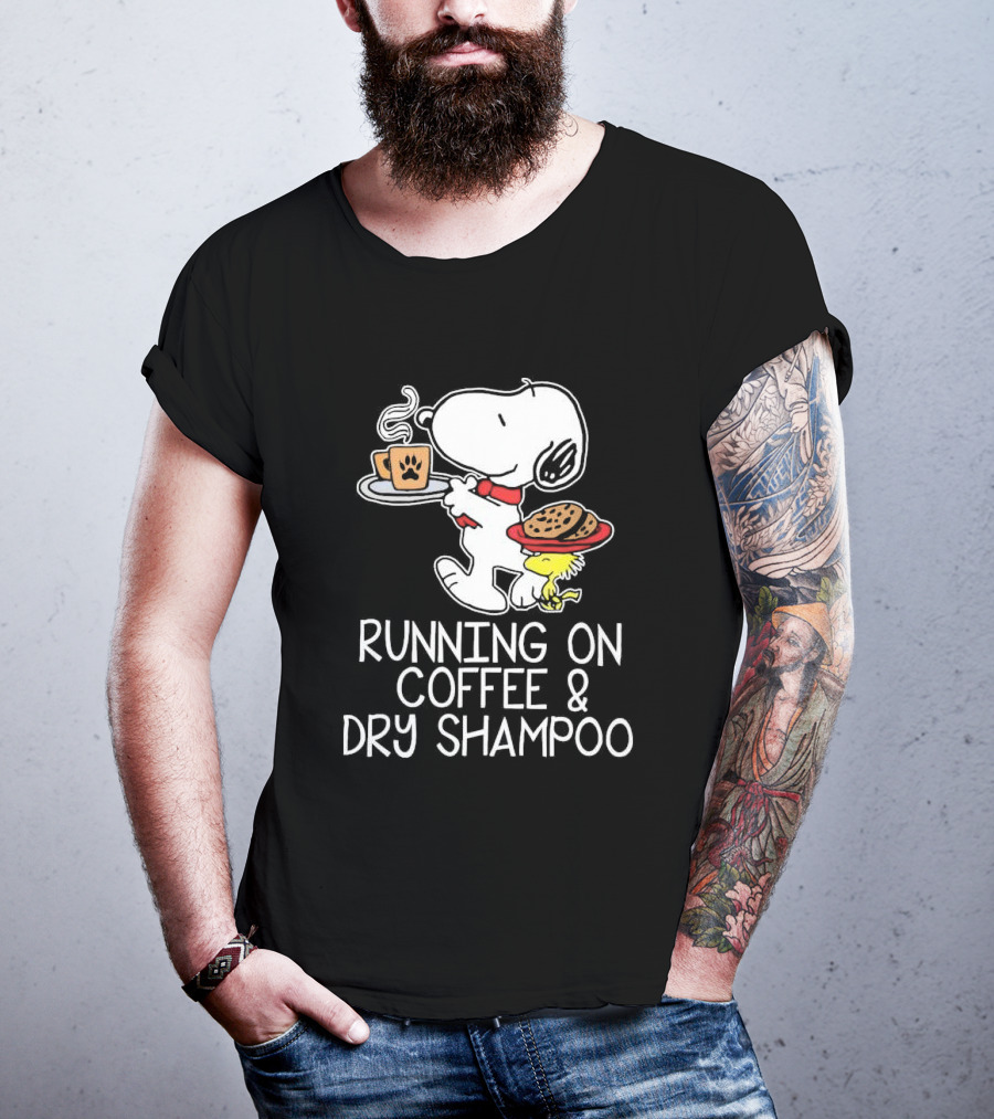 Snoopy And Woodstock Running On Coffee And Dry Shampoo T-Shirt