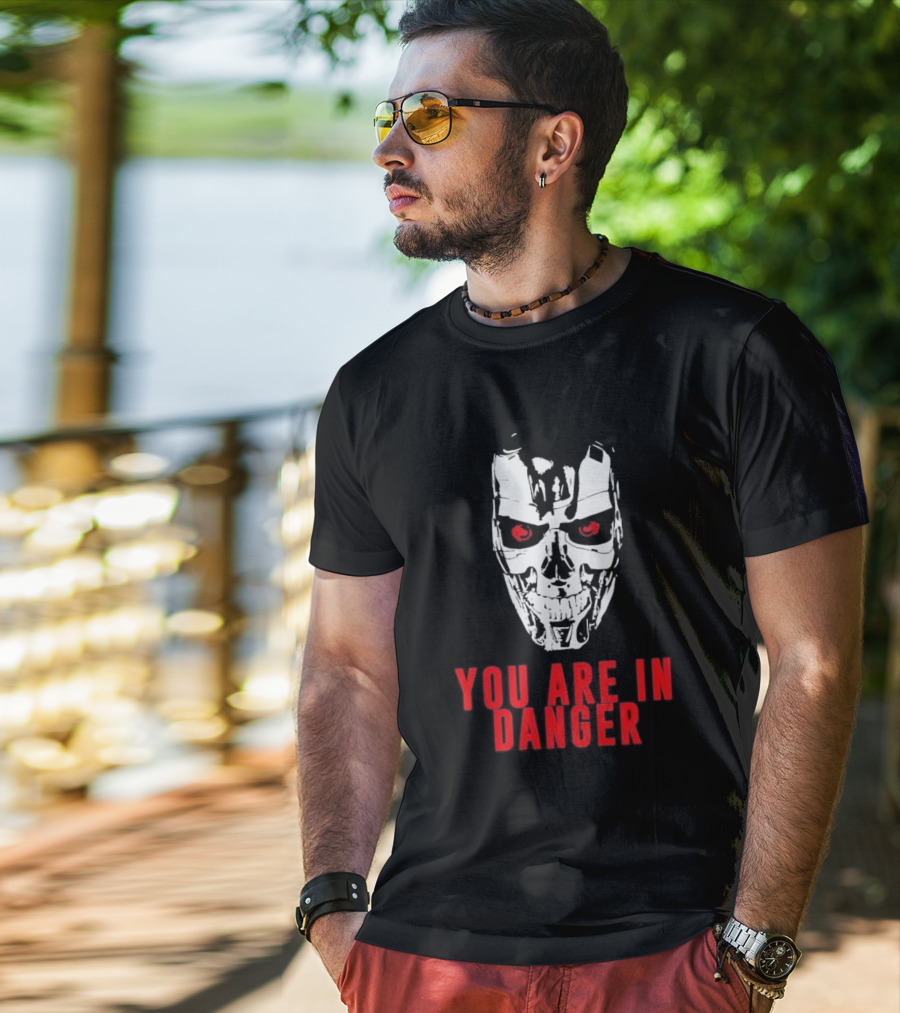 Terminator You Are In Danger Cybernetic Skull Warning T-Shirt