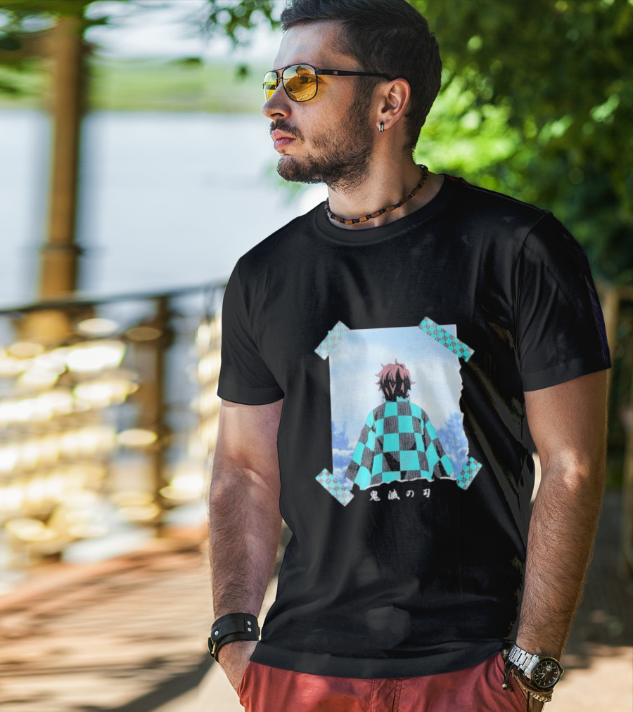 Demon Slayer Kimetsu No Yaiba Tanjiro Checkered Cloak Japanese Text UT Collection T-Shirt