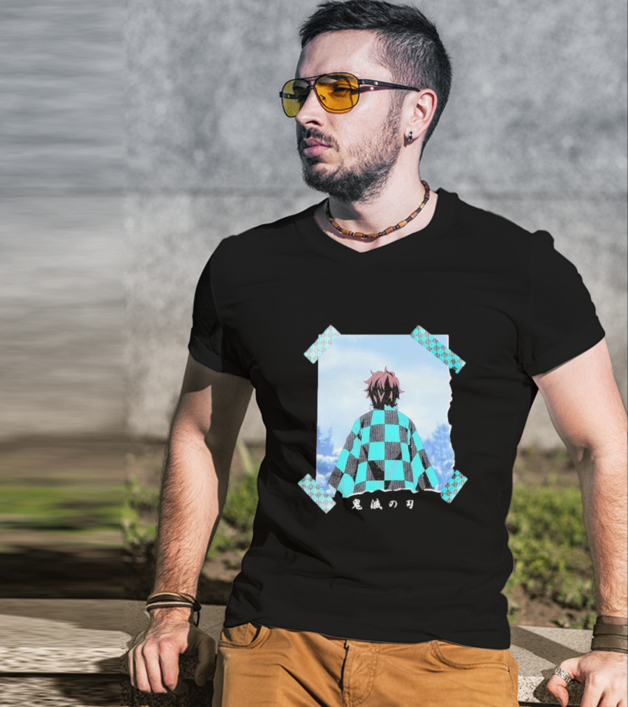 Demon Slayer Kimetsu No Yaiba Tanjiro Checkered Cloak Japanese Text UT Collection T-Shirt