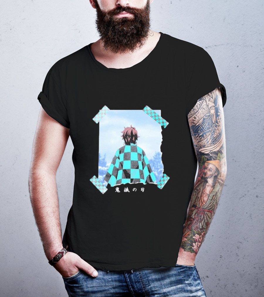 Demon Slayer Kimetsu No Yaiba Tanjiro Checkered Cloak Japanese Text UT Collection T-Shirt