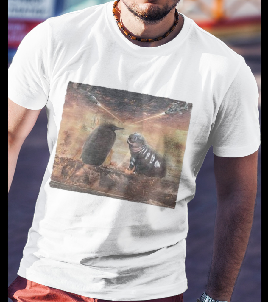 Baby Pesto Penguin Standoff With Moo Deng Amidst Battling Spaceships T-Shirt