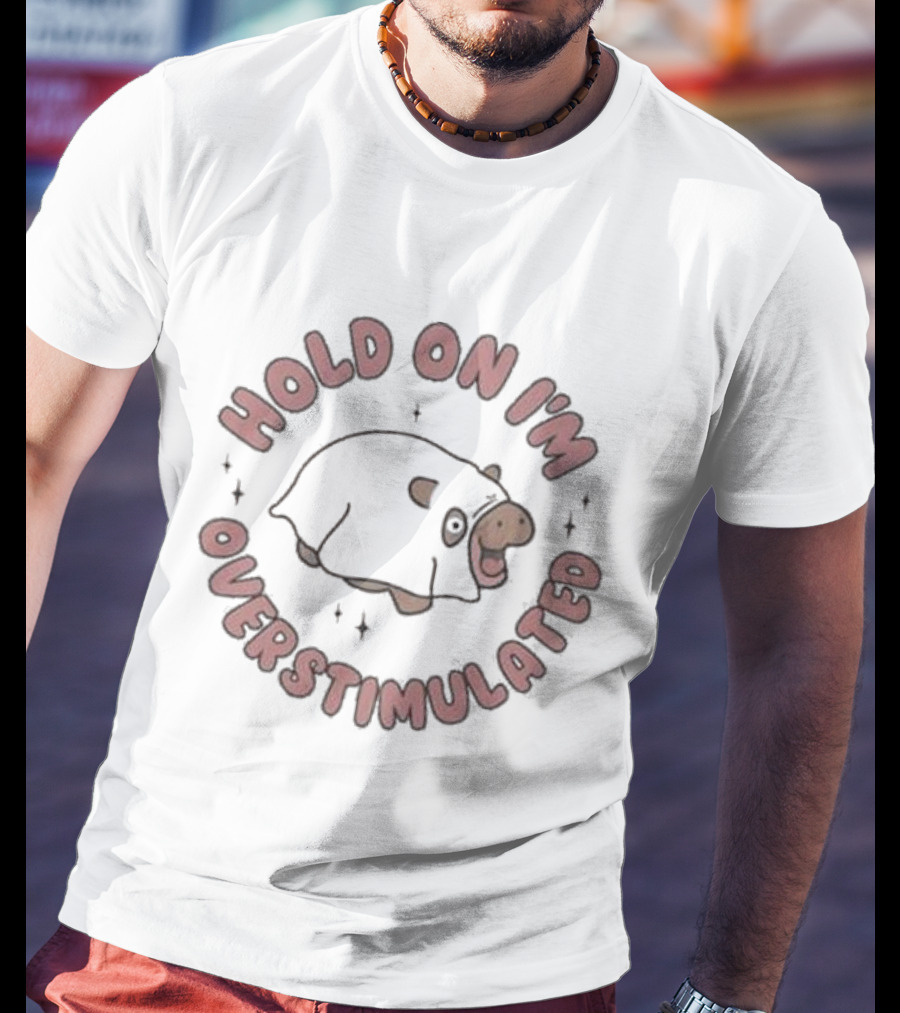 Hold On I'm Overstimulated Cute Cartoon Cow With Sparkles T-Shirt