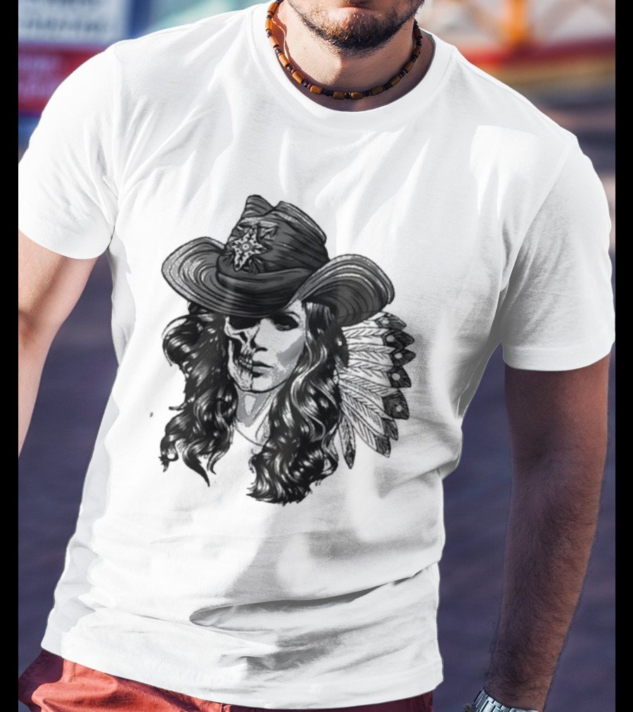 Mickie James Ghost Rider Cowgirl Skull Feather Hat T-Shirt