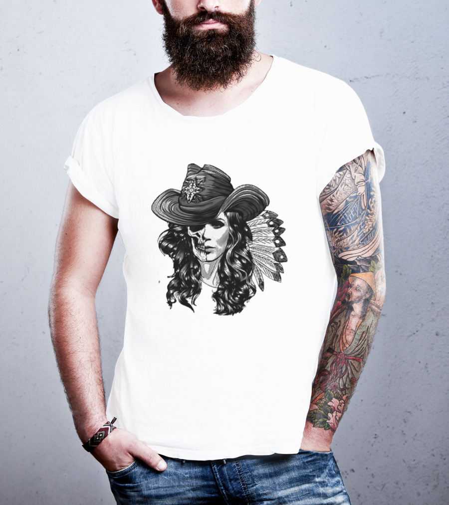 Mickie James Ghost Rider Cowgirl Skull Feather Hat T-Shirt