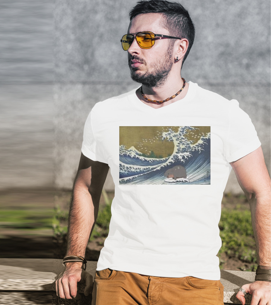 Moo Deng Surfing The Great Wave Off Kanagawa Hybrid T-Shirt