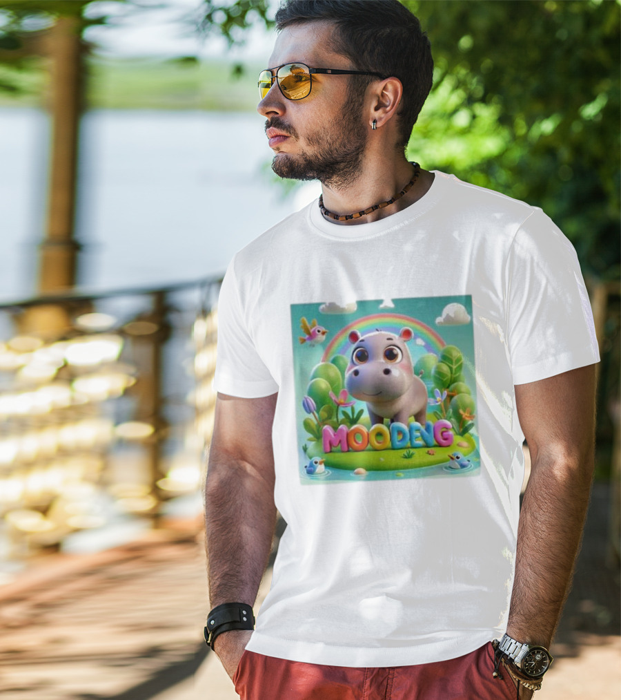Moo-Deng The Famous Baby Pygmy Hippo Moo Deng Rainbow Meadow Scene T-Shirt