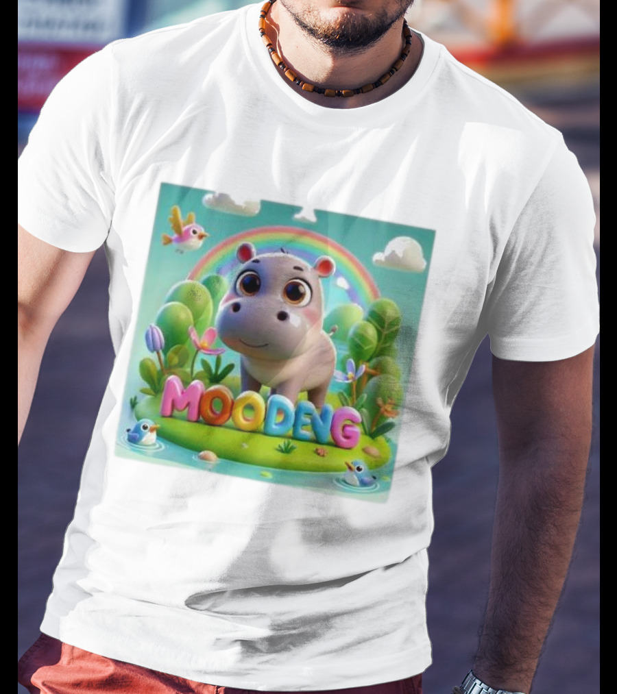 Moo-Deng The Famous Baby Pygmy Hippo Moo Deng Rainbow Meadow Scene T-Shirt