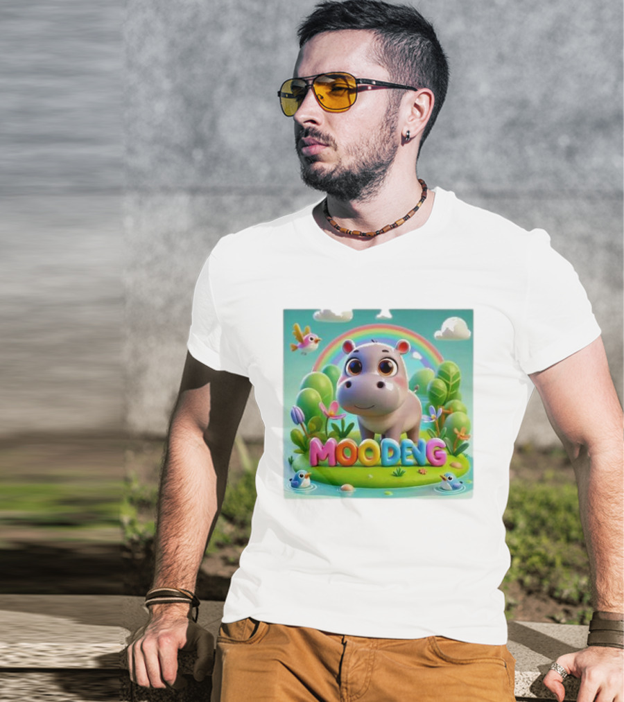 Moo-Deng The Famous Baby Pygmy Hippo Moo Deng Rainbow Meadow Scene T-Shirt