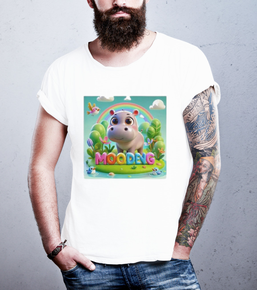 Moo-Deng The Famous Baby Pygmy Hippo Moo Deng Rainbow Meadow Scene T-Shirt