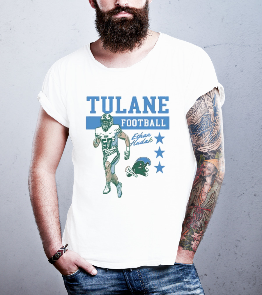 Tulane Football Ethan Hudak Player Graphic And Wave Stars T-Shirt