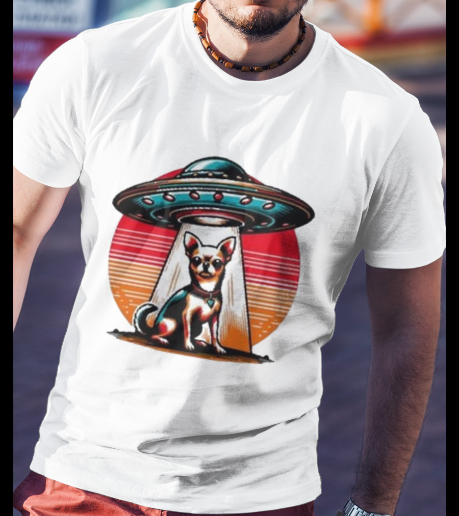 UFO Chihuahua Funny Alien Encounter Retro Sunset T-Shirt