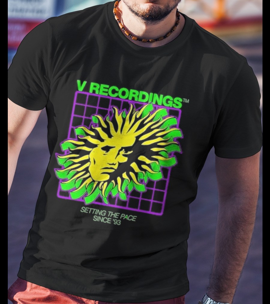 V Recordings Setting The Pace Since 93 Sunburst Face Retro Grid T-Shirt