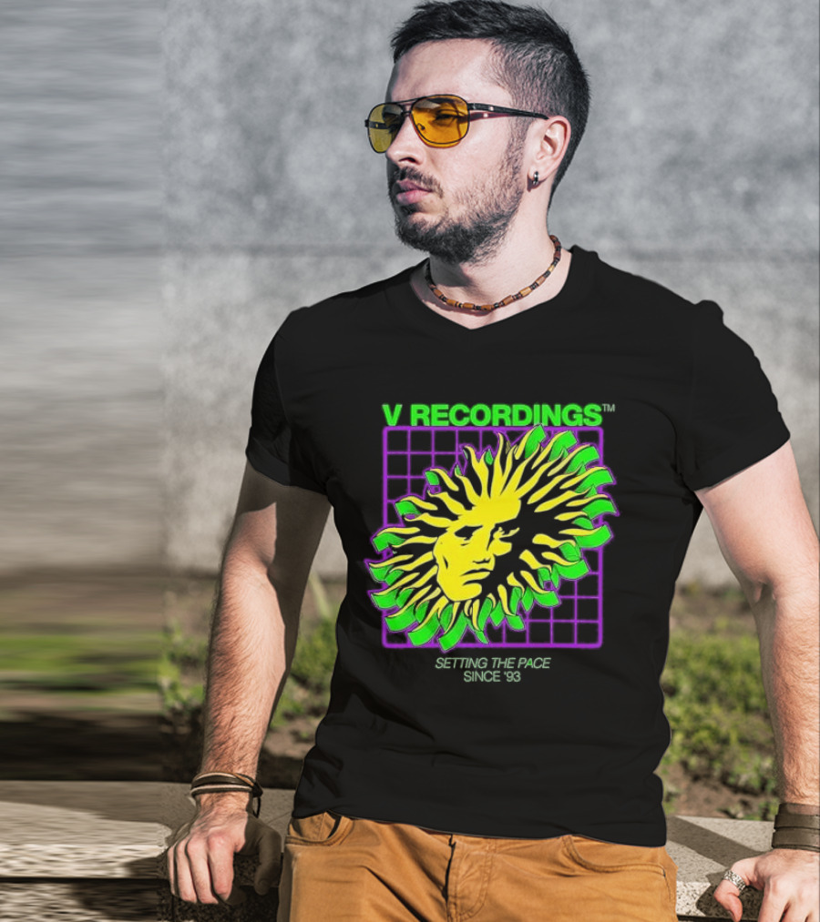 V Recordings Setting The Pace Since 93 Sunburst Face Retro Grid T-Shirt